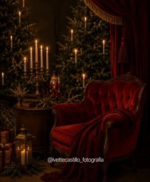 Sillón vino junto a los pinos con velas