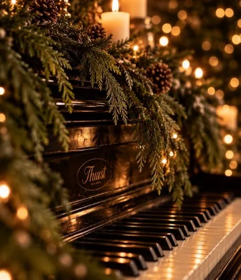 Teclas del piano entre follaje y luces